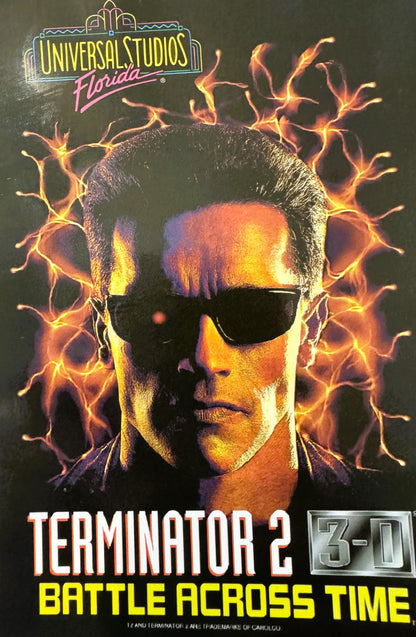 Vintage 1996 Terminator 2: 3-D Universal Studios postcard featuring a cyborg face with sunglasses surrounded by electric ligh