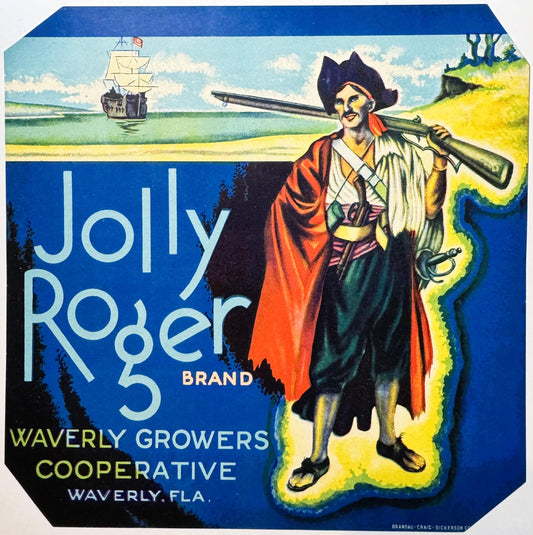 Antique Vintage 1930s Jolly Roger Crate Label Waverly 🍎 FL, Pirate Nautical Decor