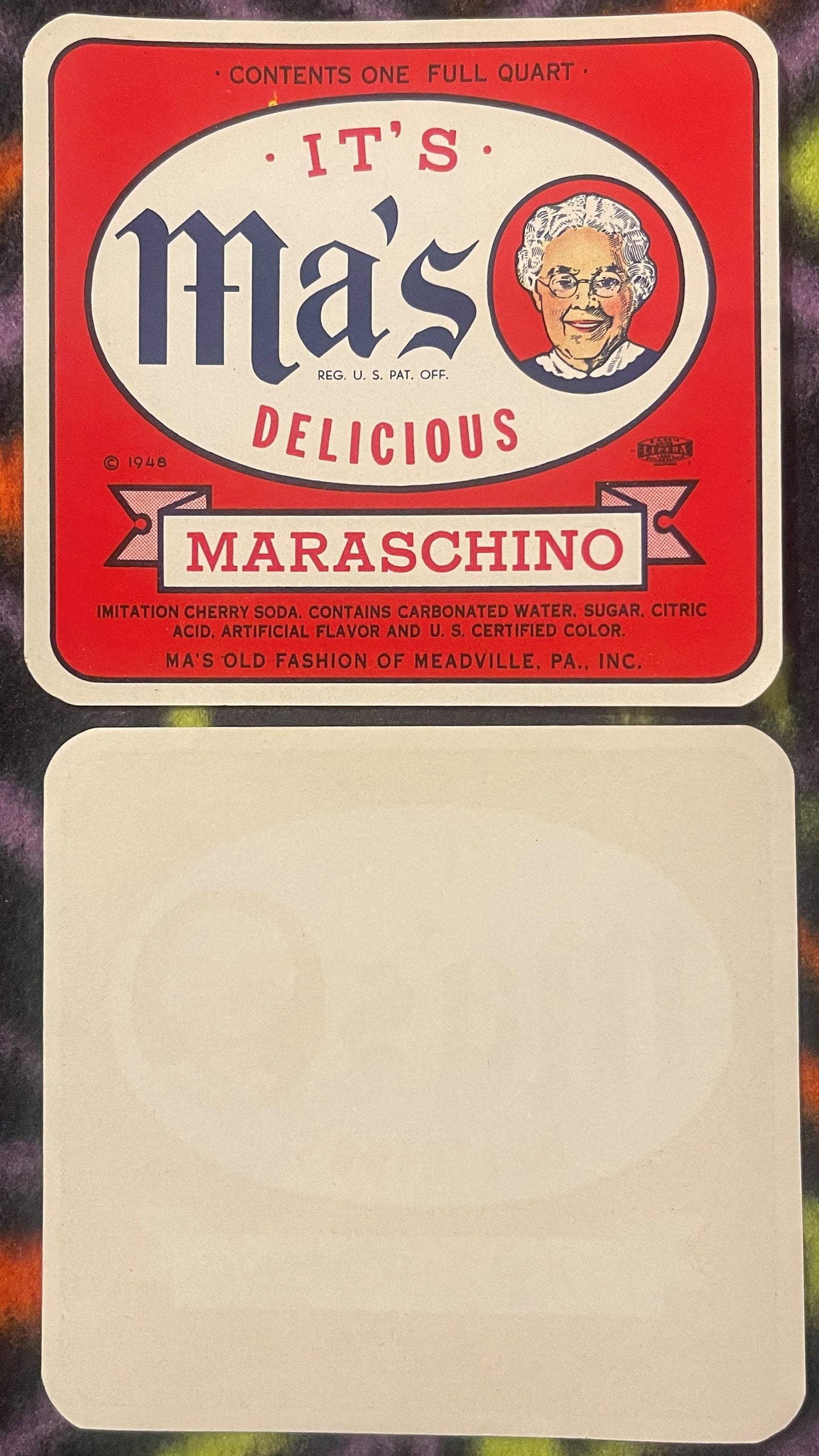 Vintage red and cream soda label featuring "It's Ma's Maraschino" with illustrated elderly woman, circa 1948, shown front and