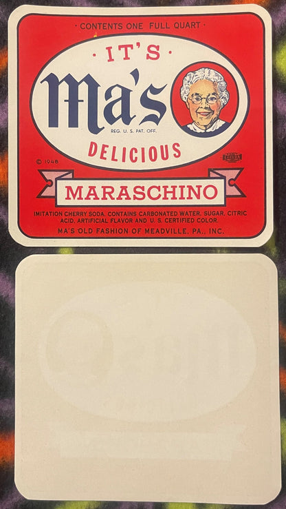 Vintage red and cream soda label featuring "It's Ma's Maraschino" with illustrated elderly woman, circa 1948, shown front and