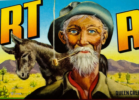 Vintage 1960s Desert Rat Crate Label 🍎 Joe Phillips Inc, Queen Creek AZ and Fresno CA, Prospector Art
