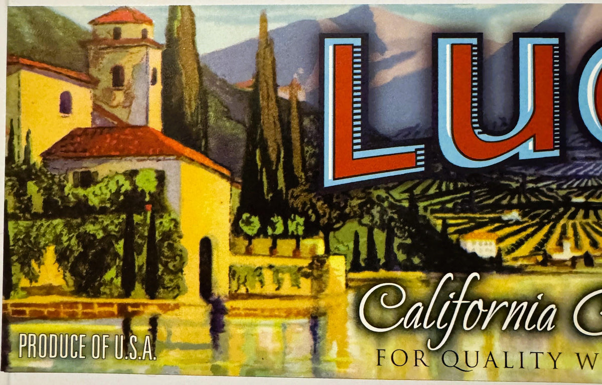 Vintage fruit crate label featuring Italian villa with cypress trees and vineyard, large "LU" letters, "California" text, and