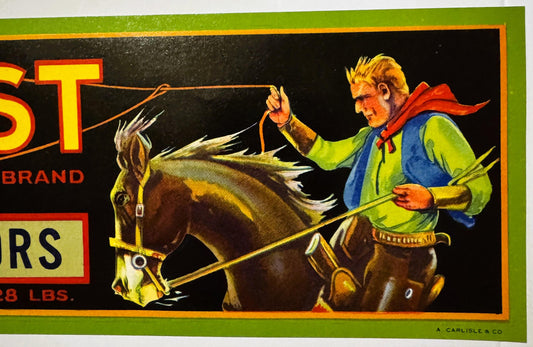 Vintage 1940s Out West Brand Emperors Crate Label 🍎 A. Carlisle & Co Litho, Reedley CA, Cowboy Decor