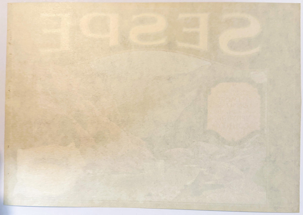 Blank back of the Sespe crate label, the SESPE lettering and shield showing faintly through in reverse