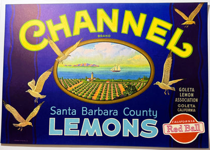 Vintage Channel Brand lemon crate label featuring yellow text on blue background with golden birds, agricultural landscape in