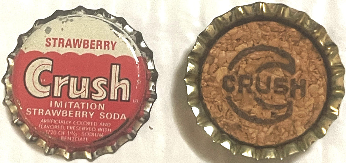 Front and back views of a red and cream Strawberry Crush soda bottle cap with cork lining and embossed text, circa 1950s-1960