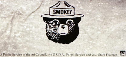 Black and white illustration of Smokey the Bear wearing a ranger hat with "SMOKEY" text, on textured light background with at