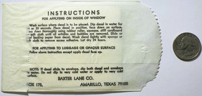 Vintage decal instruction sheet from Baxter Lane Co., Amarillo Texas, with quarter for scale showing wear and yellowing of aged
