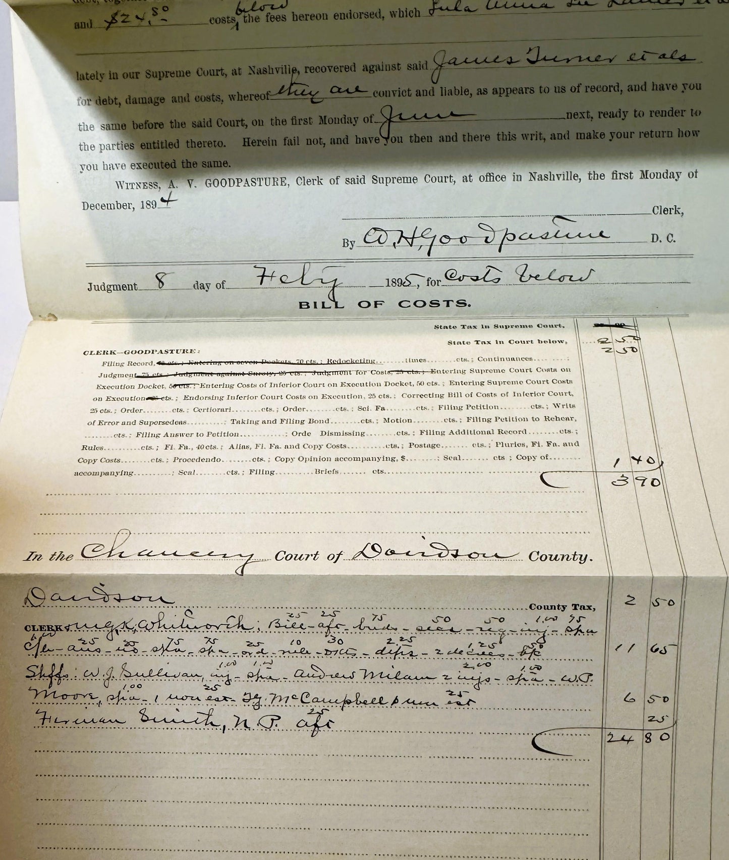 Historical legal document from 1895 Tennessee Supreme Court showing writ of fieri facias with handwritten annotations, signat