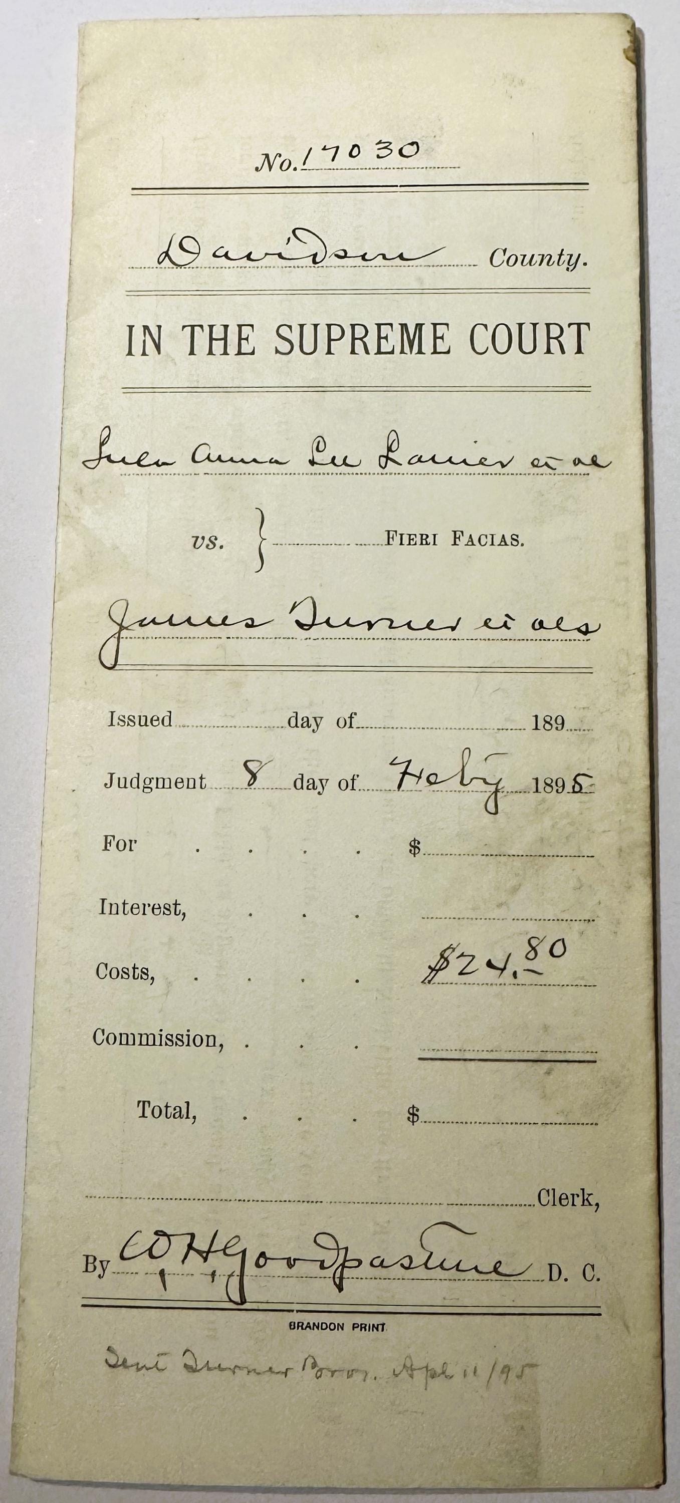 Aged cream-colored legal document from 1895 Davidson County Supreme Court showing handwritten entries and printed form with c