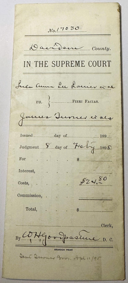 Aged cream-colored legal document from 1895 Davidson County Supreme Court showing handwritten entries and printed form with c