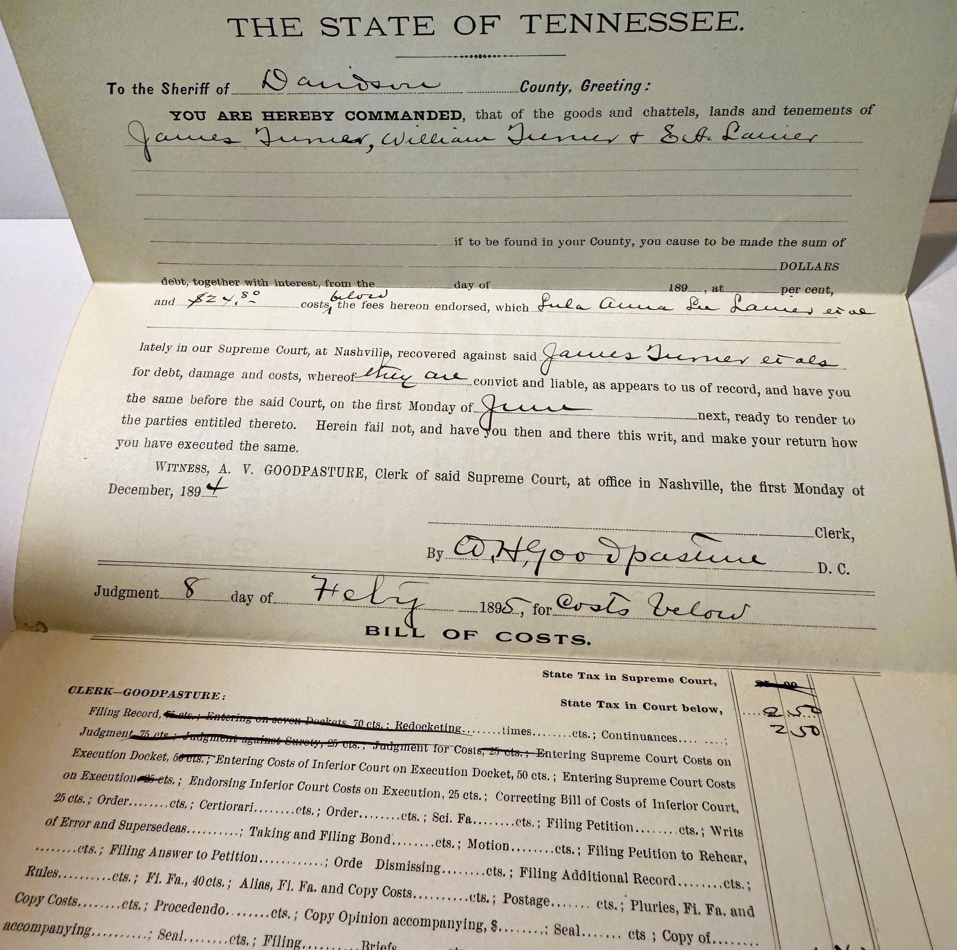 Aged 1895 Tennessee Supreme Court legal document with handwritten entries, printed form text, and bill of costs section visib