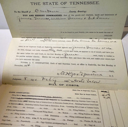 Aged 1895 Tennessee Supreme Court legal document with handwritten entries, printed form text, and bill of costs section visib