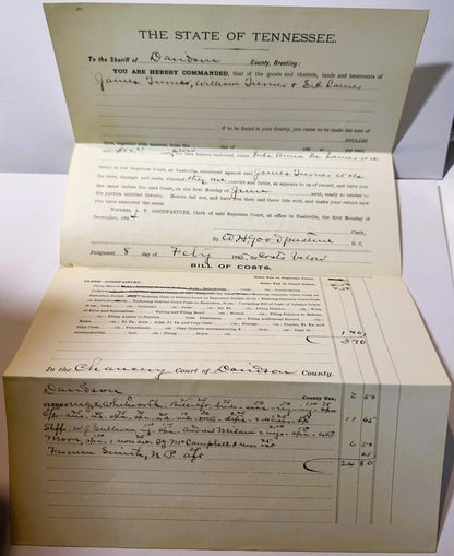 Aged legal documents from 1895 Tennessee Supreme Court, including a writ of fieri facias with handwritten annotations and a b