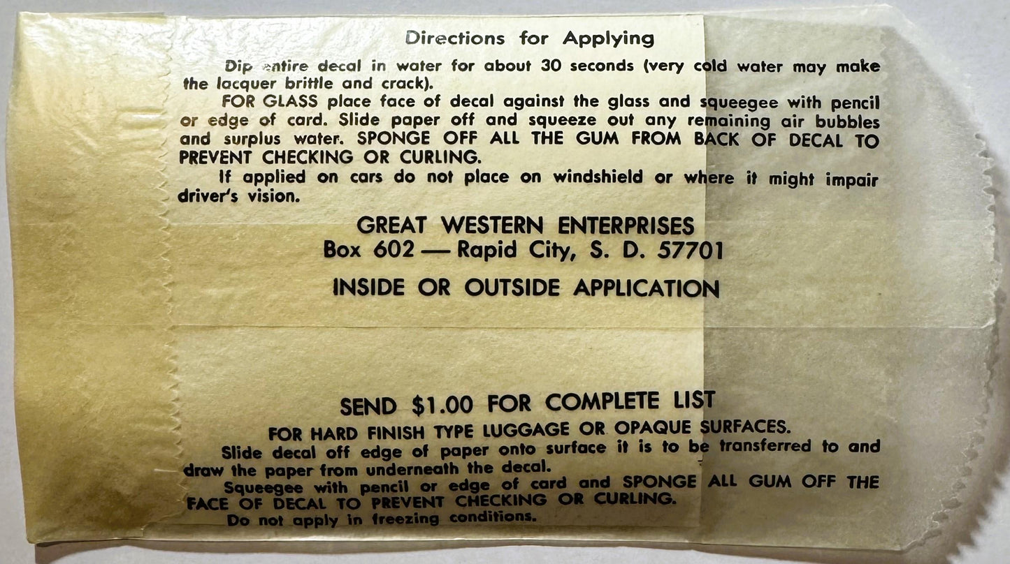 Vintage decal instruction sheet from Great Western Enterprises showing application directions for water-transfer decals on cr