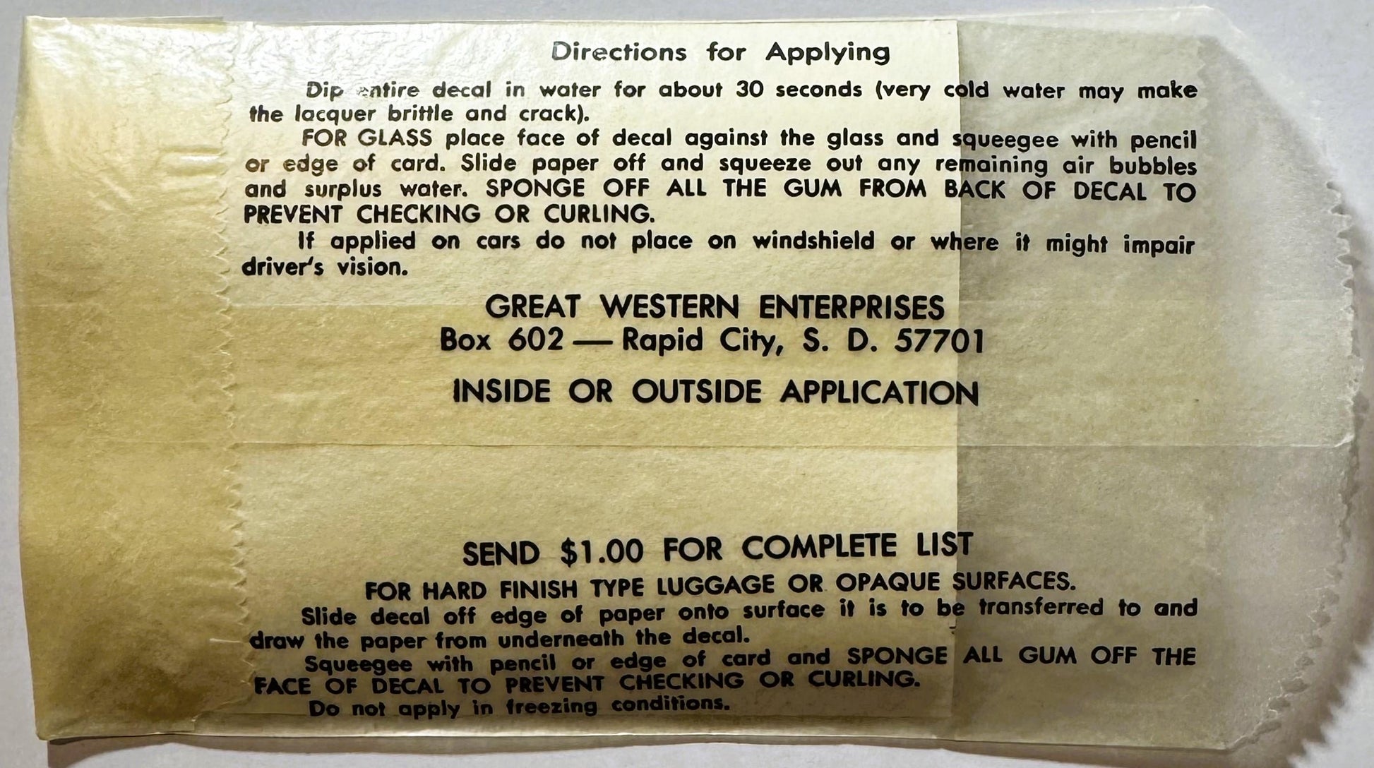Vintage decal instruction sheet from Great Western Enterprises showing application directions for water-transfer decals on cr