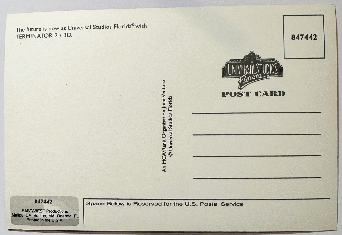 Back of vintage Universal Studios Florida postcard for Terminator 2: 3-D attraction, cream-colored with printed text and logo