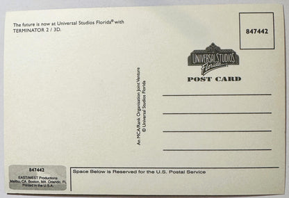 Back of vintage Universal Studios Florida postcard for Terminator 2: 3-D attraction, cream-colored with printed text and logo