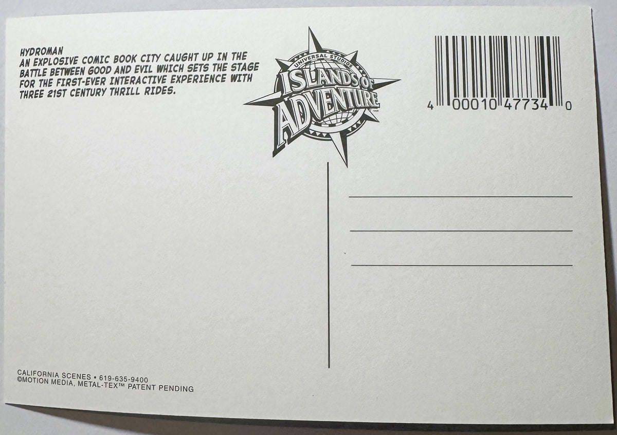 Back of vintage Hydroman postcard featuring Islands of Adventure logo, descriptive text, barcode, and blank address lines on 