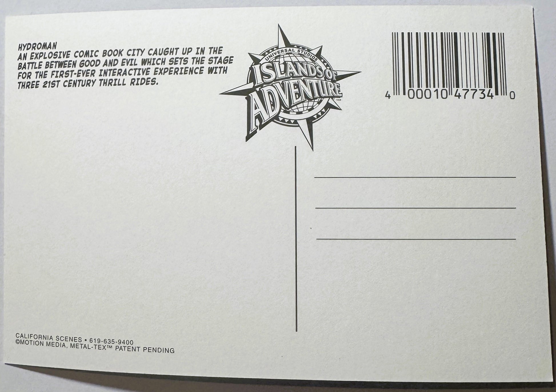 Back of vintage Hydroman postcard featuring Islands of Adventure logo, descriptive text, barcode, and blank address lines on 