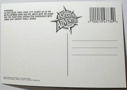 Back of vintage Hydroman postcard featuring Islands of Adventure logo, descriptive text, barcode, and blank address lines on 