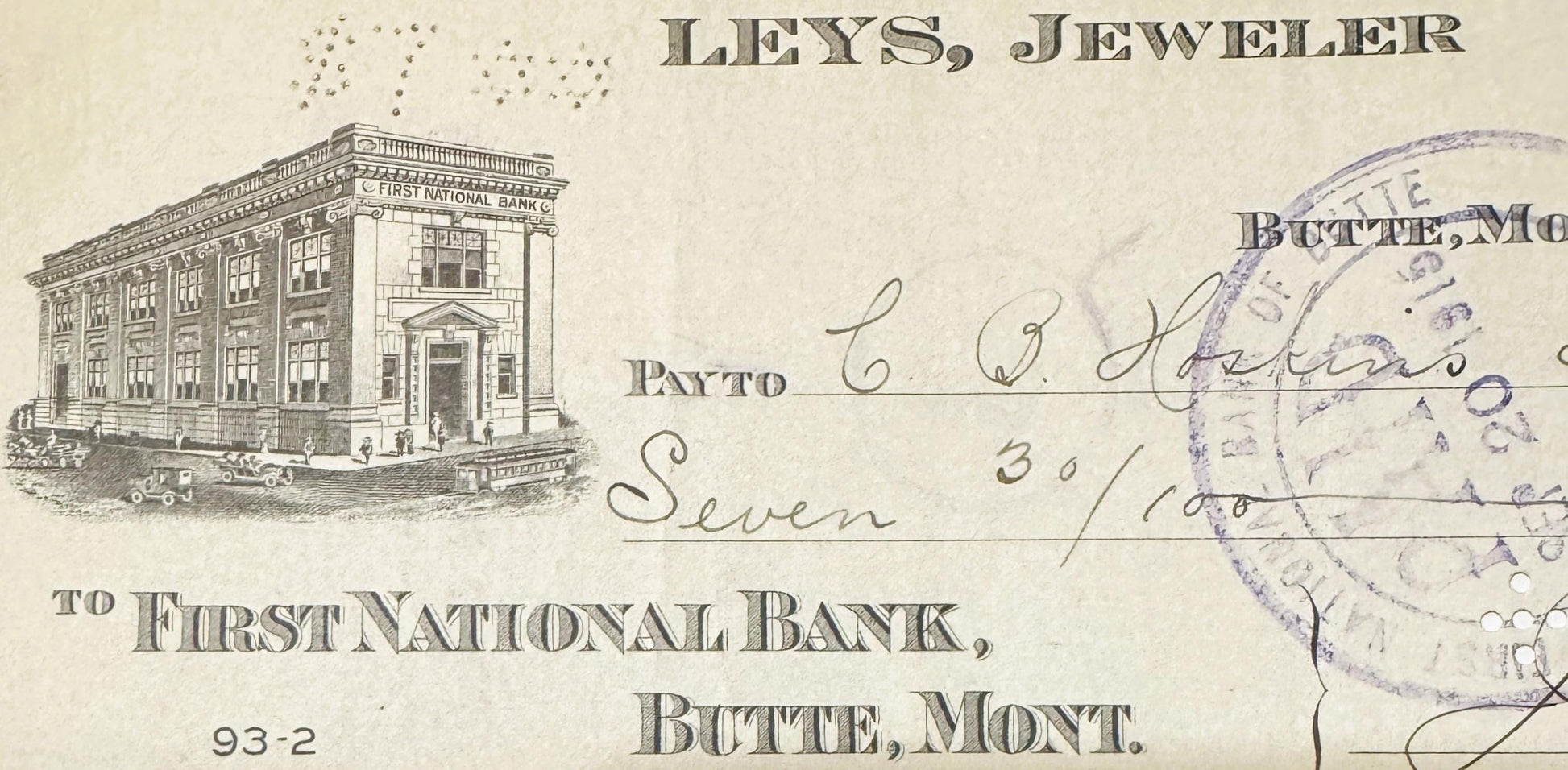 Antique bank check from Leys Jeweler in Butte, Montana, featuring First National Bank building illustration and handwritten a