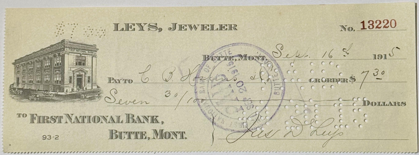 Vintage bank check from Leys Jeweler in Butte, Montana, dated September 16, 1915, for $7.30 payable to First National Bank, w