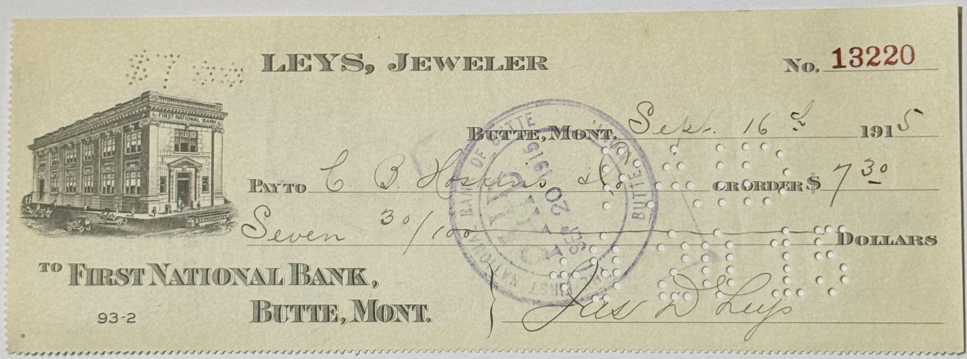 Vintage bank check from Leys Jeweler in Butte, Montana, dated September 16, 1915, for $7.30 payable to First National Bank, w