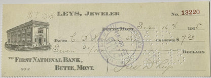 Vintage bank check from Leys Jeweler in Butte, Montana, dated September 16, 1915, for $7.30 payable to First National Bank, w