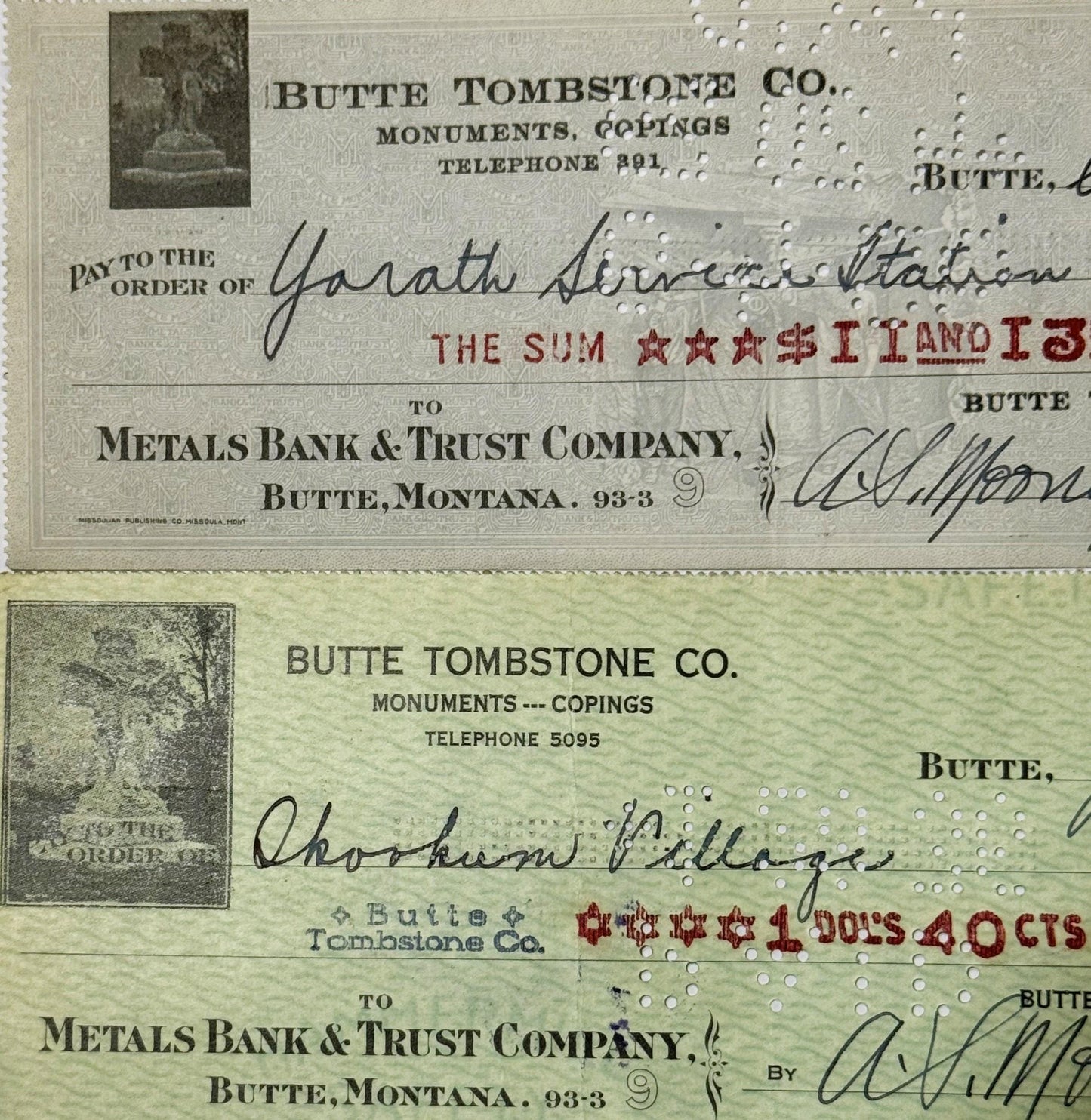 Two vintage Butte Tombstone Co. bank checks from Montana, showing handwritten payee names and amounts in red ink, printed on 