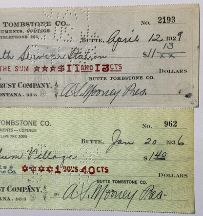 Two vintage Butte Tombstone Co. checks from 1929 and 1936, handwritten in cursive with amounts and signatures visible on aged
