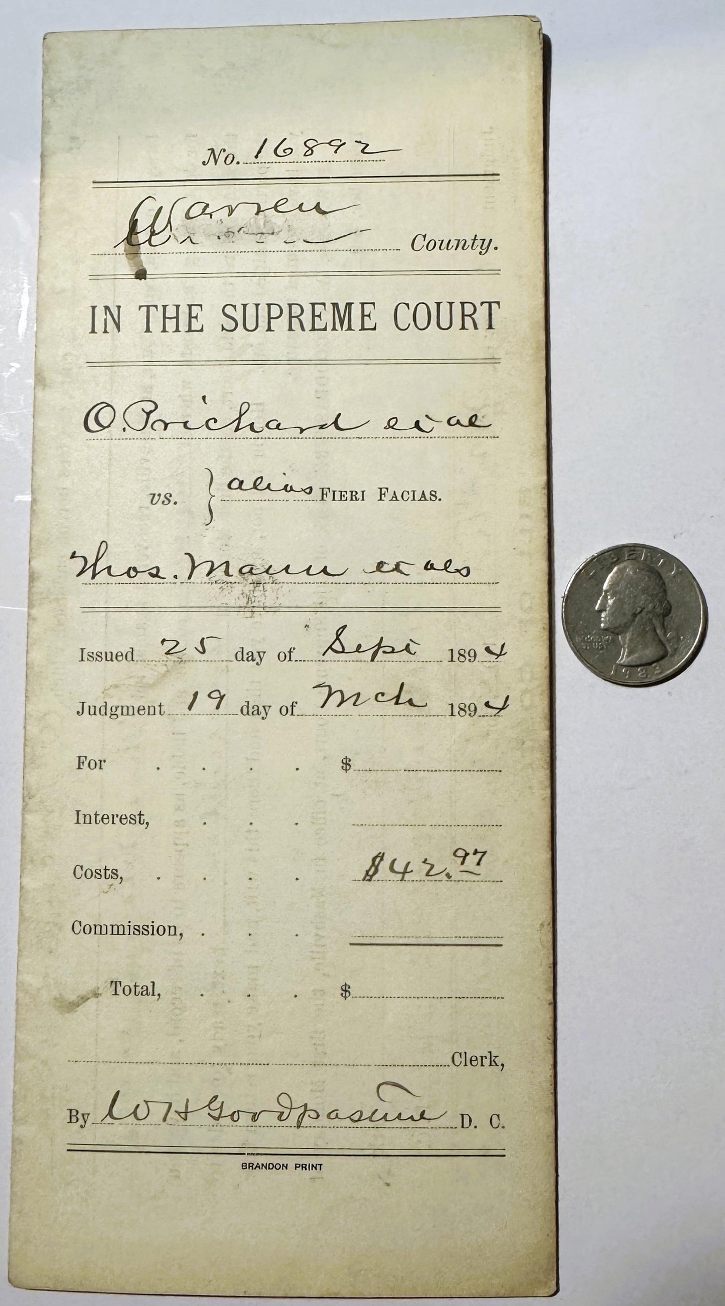 Aged parchment Supreme Court document No. 16892 from Warren County, Tennessee, dated 1894, with handwritten entries and a qua