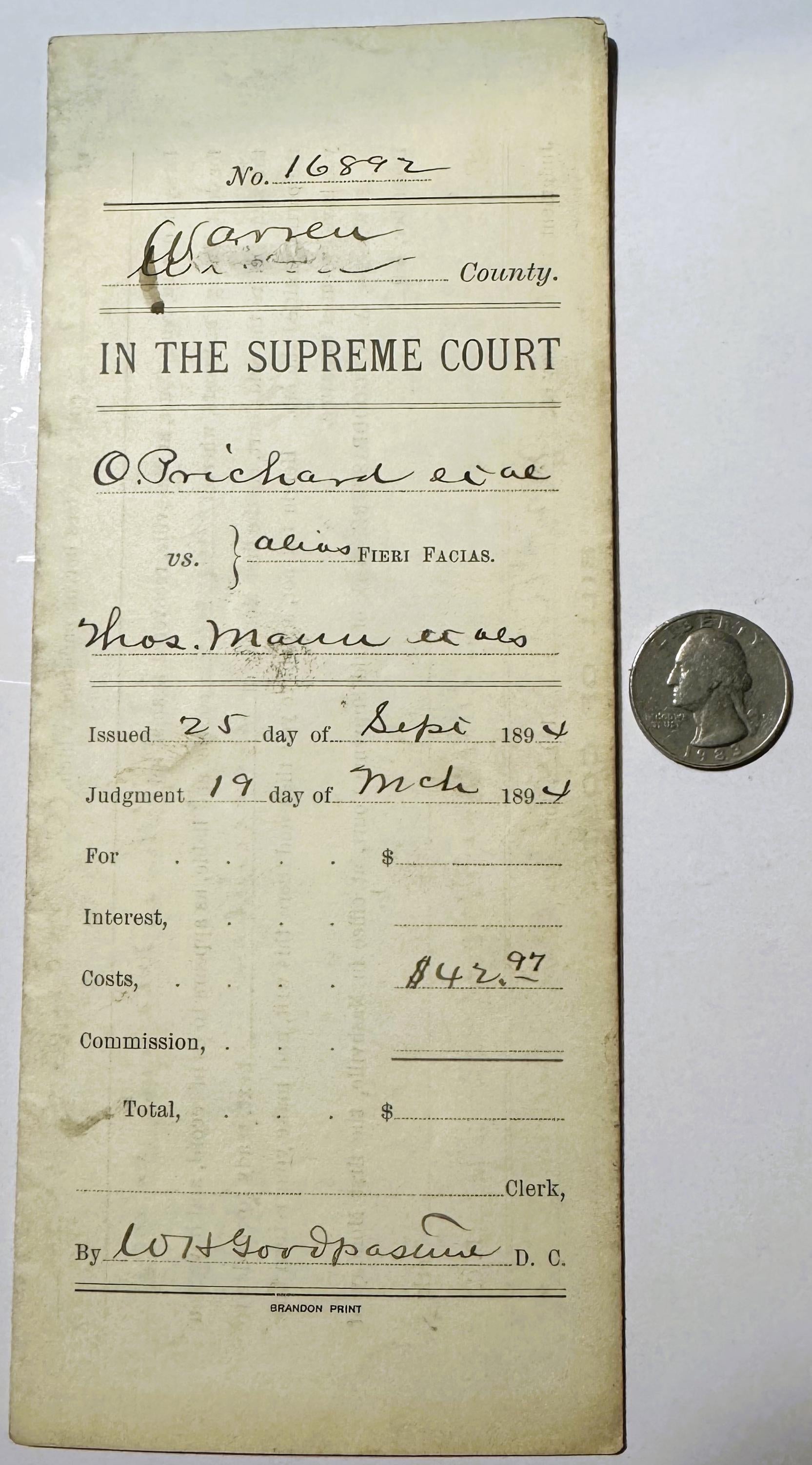 Aged parchment Supreme Court document No. 16892 from Warren County, Tennessee, dated 1894, with handwritten entries and a qua