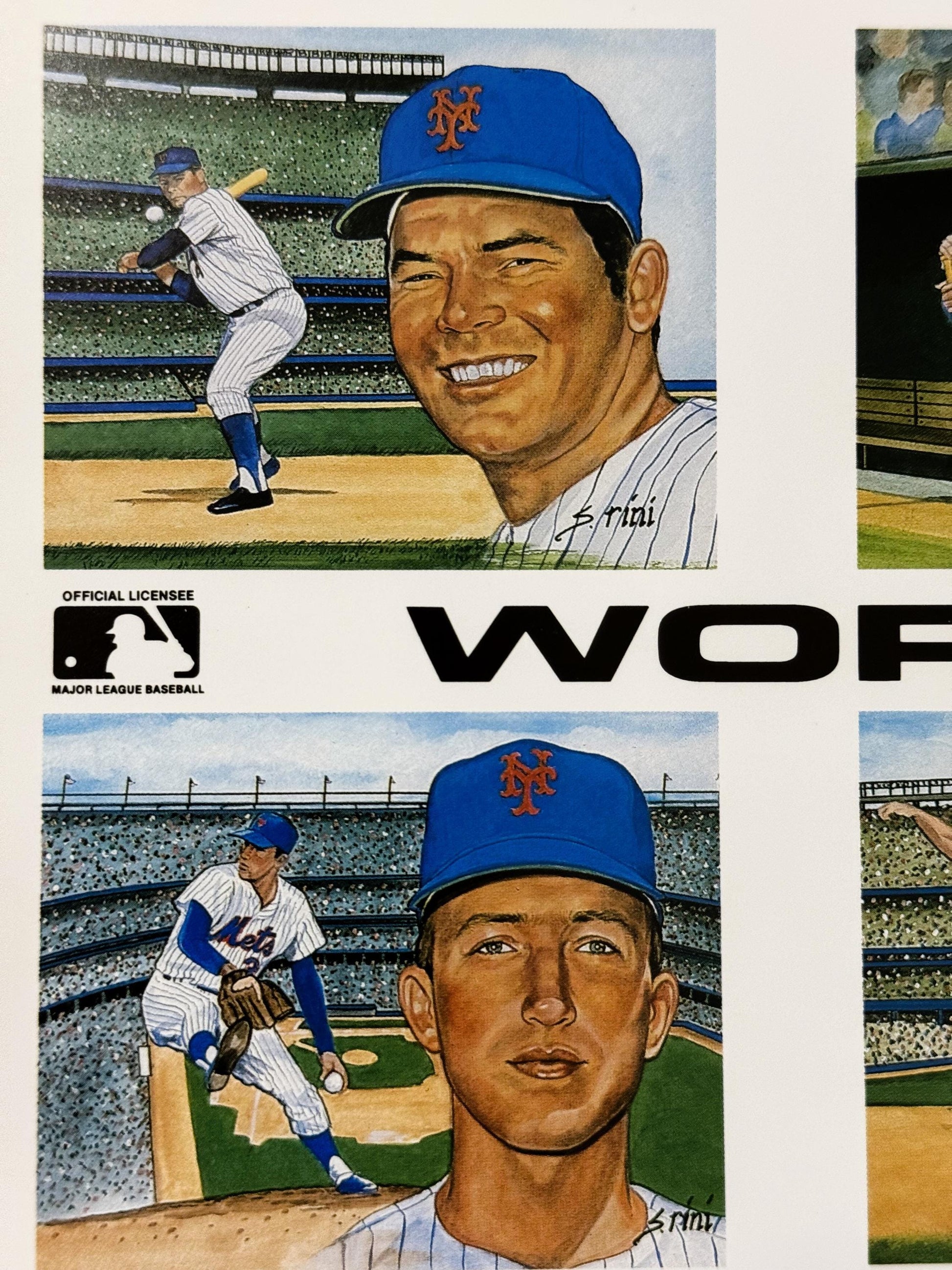 Macro close-up of the press sheet showing the MLB Official Licensee logo beside painted panels with S. Rini signatures