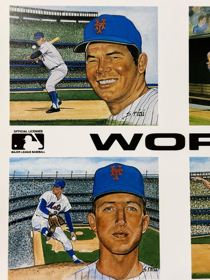 Macro close-up of the press sheet showing the MLB Official Licensee logo beside painted panels with S. Rini signatures