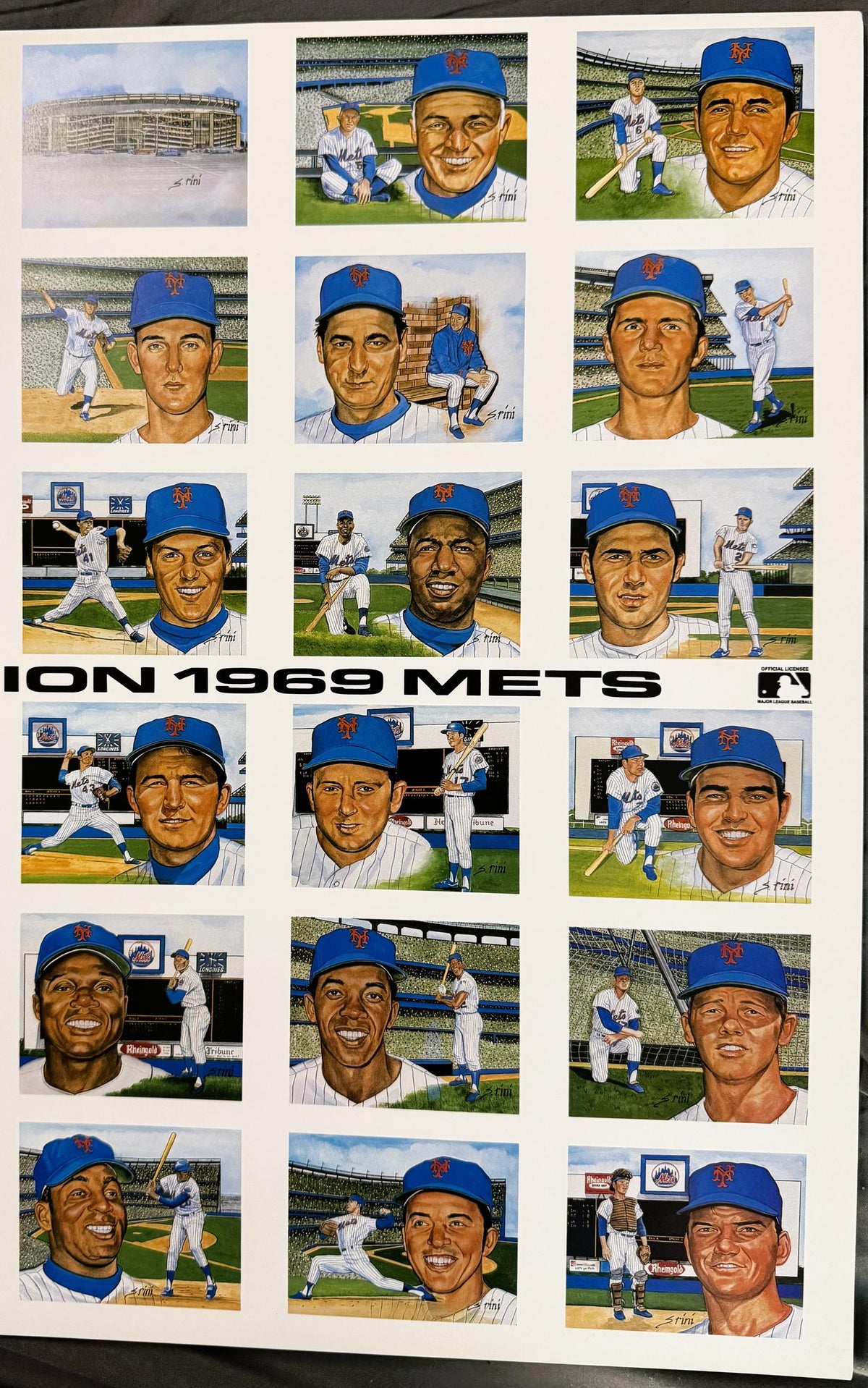 Angled view of the sheet's right portion: the Shea Stadium exterior panel and a pitching panel with legible jersey number 41