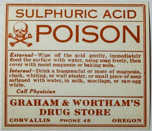 Antique 1910s Sulphuric Acid Poison Label ✨ Pharmacy Ephemera – Corvallis Oregon