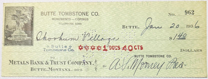Vintage bank check from Butte Tombstone Co., dated June 20, 1936, with handwritten details and company letterhead on cream pa