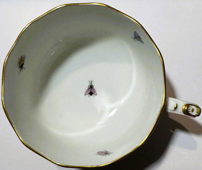 Overhead view of white porcelain teacup with gold rim and handle, decorated with hand-painted insects including a pink moth a
