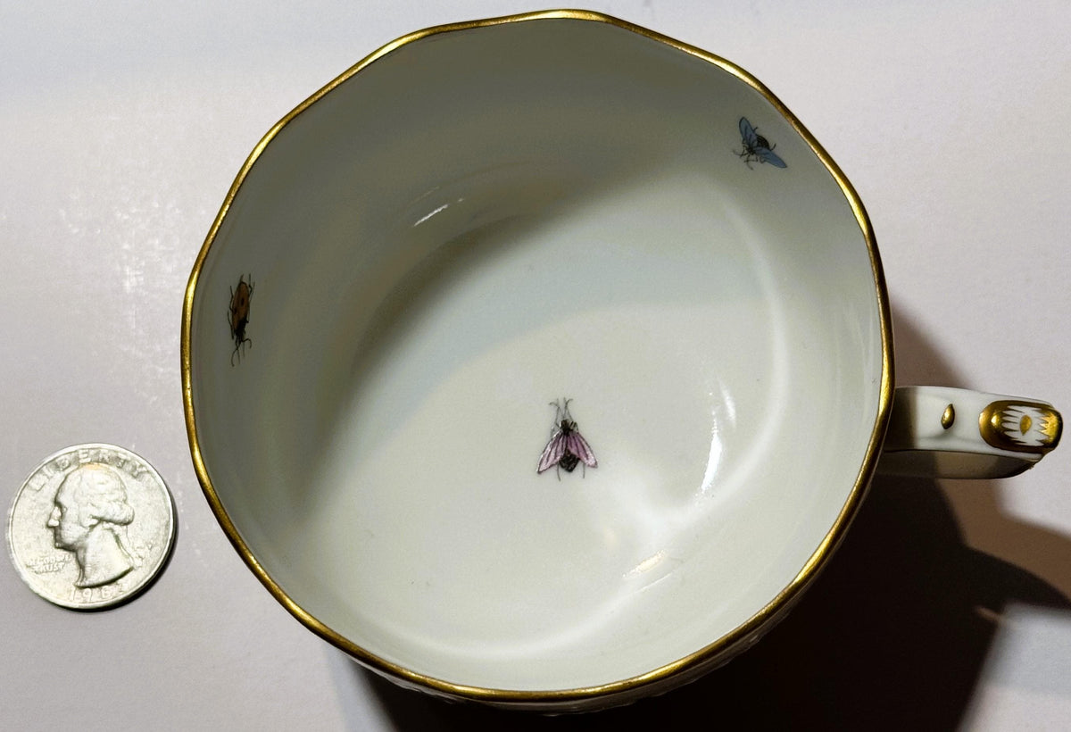 Overhead view of cream porcelain teacup with gold rim and three hand-painted insects inside, shown beside a quarter for scale