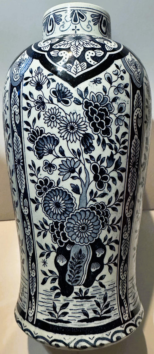 Antique Delft Style Blue and White Vase ✨ 19th Century Continental Transferware, Hand Scripted Delft Mark, Baluster Form