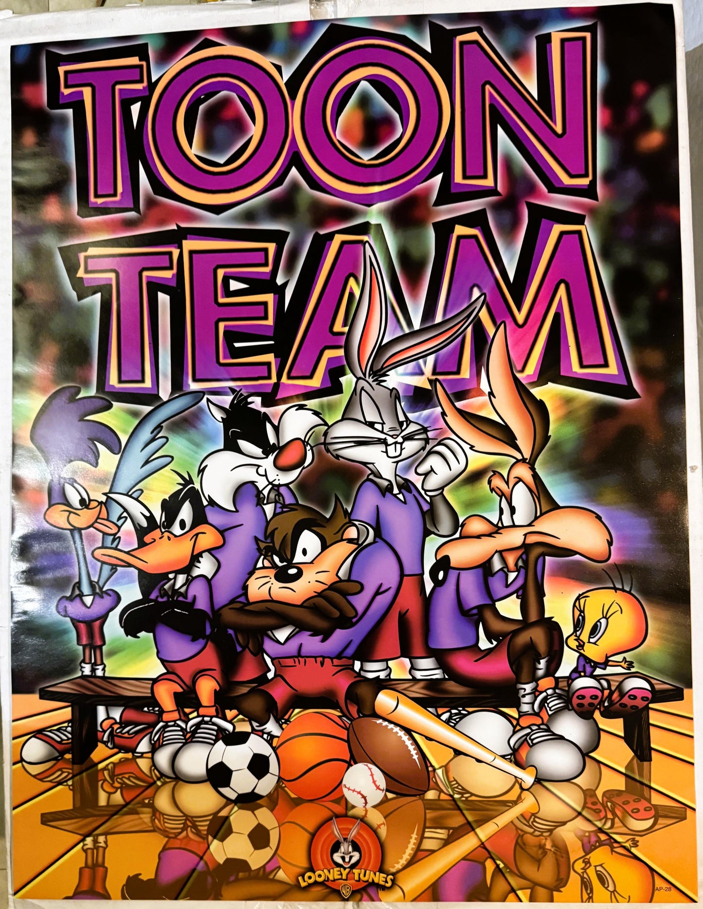 Vintage 1990s Looney Tunes poster with purple and gold "TOON TEAM" title featuring Bugs Bunny, Daffy Duck, Tasmanian Devil, a
