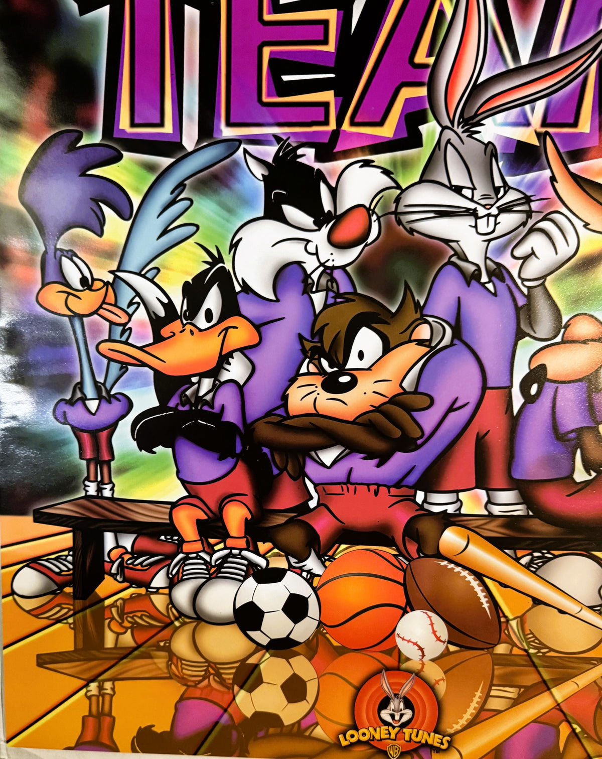 Colorful 1990s Looney Tunes poster featuring Daffy Duck, Bugs Bunny, and Tasmanian Devil with sports equipment and "TOON TEAM