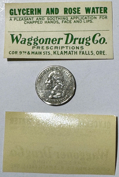 Vintage cream-colored label for Glycerin and Rose Water from Waggoner Drug Co., Klamath Falls OR, displayed next to a quarter