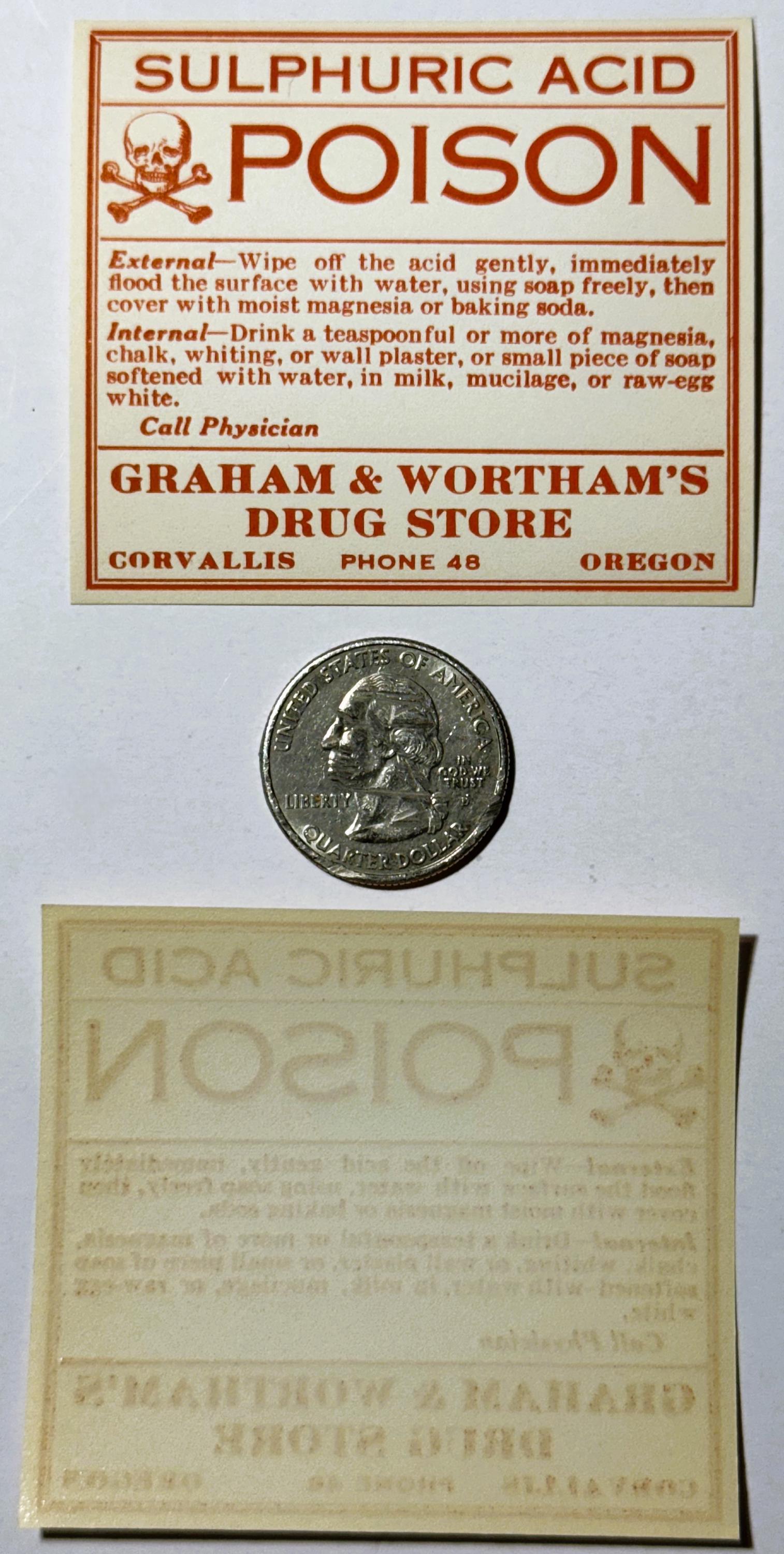 Vintage sulphuric acid poison label with skull and crossbones, instructions for external and internal exposure, from Graham &