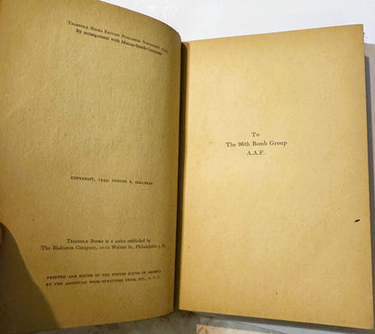 Open vintage book showing copyright page and dedication to 96th Bomb Group A.A.F., printed 1944 by American Book-Stratford Pr