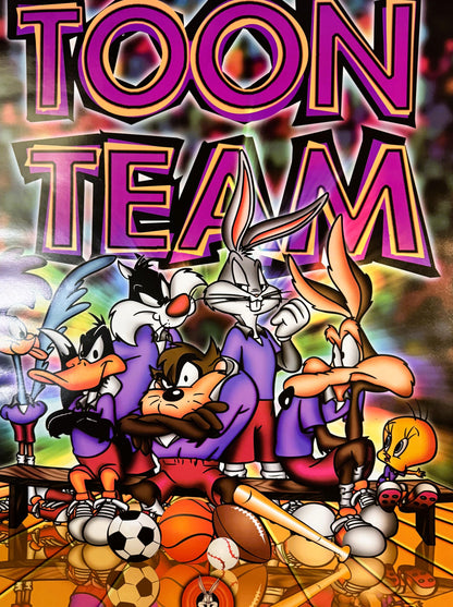 Colorful 1990s poster featuring Looney Tunes characters in sports uniforms surrounded by basketballs, footballs, soccer balls