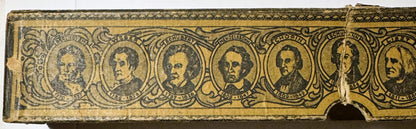 Antique piano roll box lid showing seven ornate circular portrait medallions of composers with names and dates printed above 