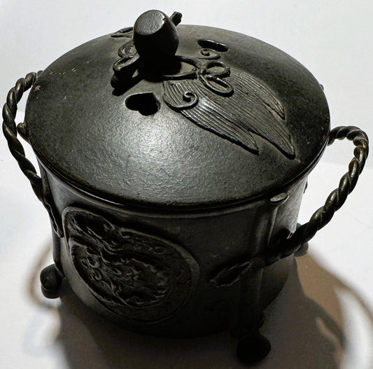 Antique Chinese Bronze Censer 🐉 — Lidded Incense Burner, Peach & Leaf Lid, Chilong Dragon, Late Qing
