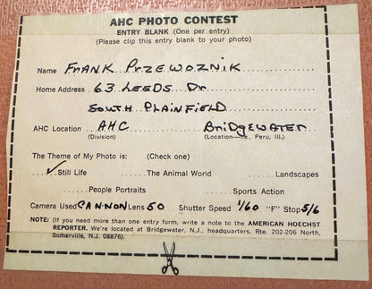 Vintage AHC photo contest entry blank filled out in handwriting, showing contestant Frank Przewaznik's details and camera set